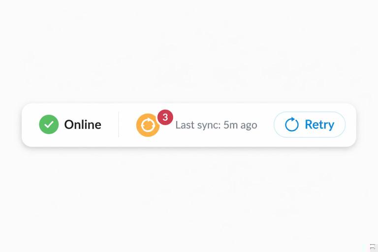 A modern app header UI mock showing an offline-first sync status indicator: online/offline icon, pending operations badge count, last sync time, and a retry button. Clean minimal interface, light theme, high contrast, crisp typography.