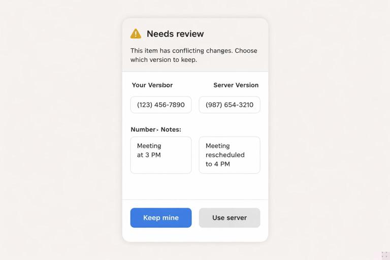 A conflict resolution screen mock for an offline-first app: banner saying Needs review, side-by-side local vs server values for critical fields, and two buttons Keep mine and Use server. Clean UI, neutral colors, clear typography, mobile-first layout.