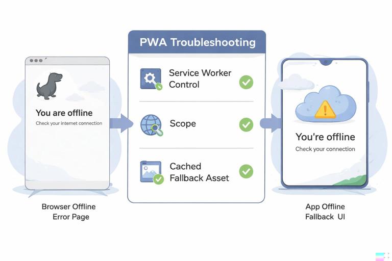 Illustration of a troubleshooting flow for a PWA: left side shows a browser offline error page, right side shows an app offline fallback UI; between them a diagnostic checklist with icons for service worker control, scope, and cached fallback asset; modern flat vector style, minimal text, clear visual hierarchy.