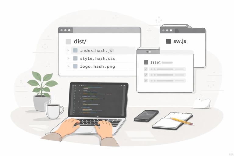 A clean developer workstation scene showing a simple web app project setup: a code editor with a Vite-style build output and a service worker file at the site root, minimal UI, neutral colors, modern flat illustration style, no logos, no readable code.