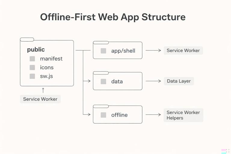 A simple diagram-style illustration of a web app folder structure split into public, src/app/shell, src/data, and src/offline, with clear labeled boxes and arrows showing responsibilities (shell UI, data layer, service worker), minimal vector style, no readable code, light background.