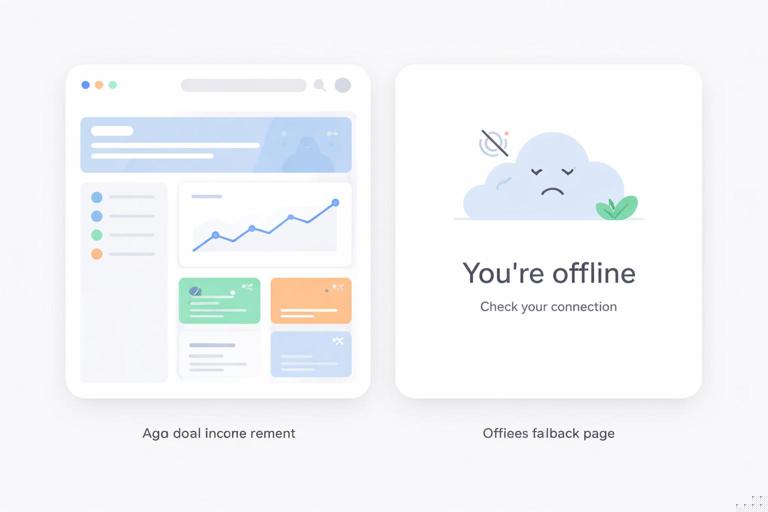 A minimal app mockup showing an offline-first web app: a simple home screen (app shell) and a friendly offline page card saying You’re offline, with subtle network icon crossed out, clean UI design, flat modern illustration, no logos, no readable code.