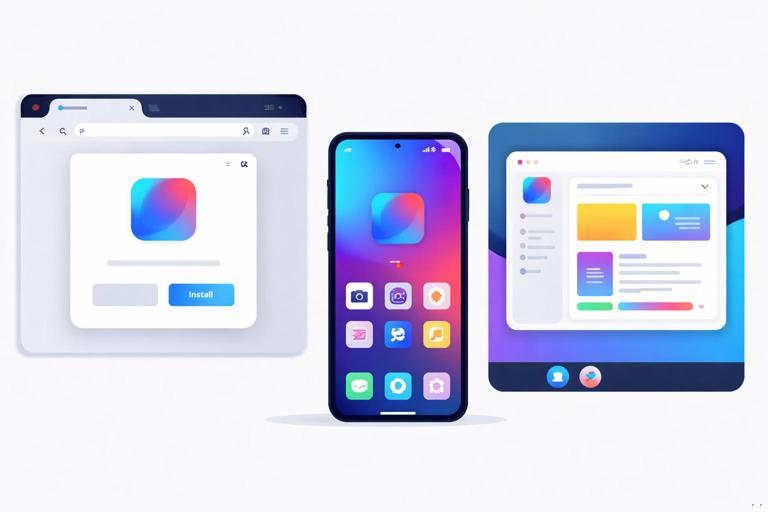 Illustration of a progressive web app being installed: a browser window showing an install prompt, then a phone home screen with a new app icon, and a desktop launcher entry opening in a standalone window; clean modern UI, flat design, high contrast, no text labels.