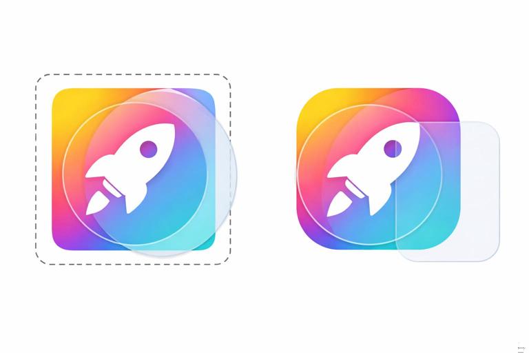 Side-by-side visual explanation of app icons: a square icon with safe padding labeled conceptually as maskable, next to a regular icon; overlaid mask shapes like circle and rounded-rectangle showing how edges get clipped; clean instructional graphic style, no readable text.