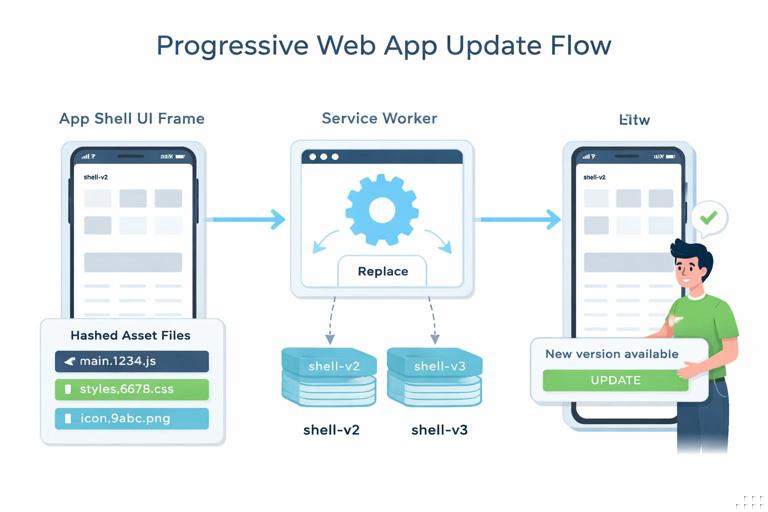 Illustration of a Progressive Web App update flow: an app shell UI frame cached on device, a service worker replacing shell-v2 with shell-v3, hashed asset files, and a user seeing a New version available banner; clean modern flat design, clear labels, no logos, high resolution.