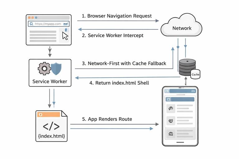 Diagram of App Shell routing in a PWA: browser navigation request, service worker intercept, network-first with cache fallback, returning index.html shell, then app renders route and shows skeleton placeholders; clean technical vector diagram with arrows and labels, neutral colors.