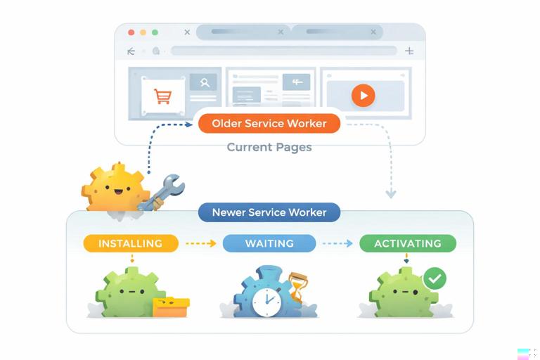 Illustration of a web browser with multiple tabs, where an older service worker controls current pages while a newer service worker waits in the background; show a simple lifecycle flow: installing → waiting → activating; clean, modern flat design, developer infographic style.