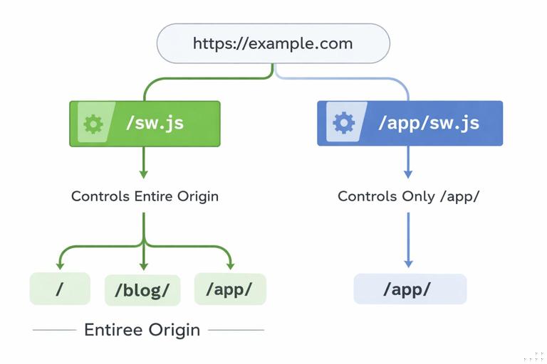Diagram of website URL paths showing service worker scope control: one SW at /sw.js controlling entire origin and another at /app/sw.js controlling only /app/; include simple arrows and labeled path prefixes; clean technical infographic style.
