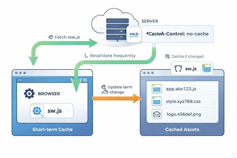 Technical illustration of an update pipeline: server hosting sw.js with Cache-Control no-cache, browser revalidating sw.js frequently, and other assets with fingerprinted filenames cached long-term; show arrows and headers in a clean infographic style.