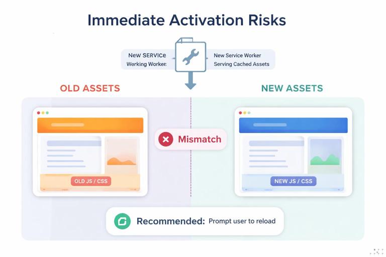 Infographic showing immediate activation risks: an old page version running while a new service worker serves new cached assets; depict mismatch with split-screen old vs new assets, plus a recommended step: prompt user to reload; clean UI mockup style.