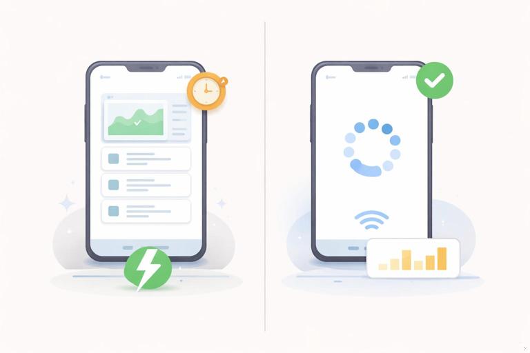 Illustration of a split-screen comparison: left side shows a fast app loading from cache with a small stale warning badge, right side shows a slower network loading spinner with a fresh data checkmark; modern flat UI style, neutral colors, no text.