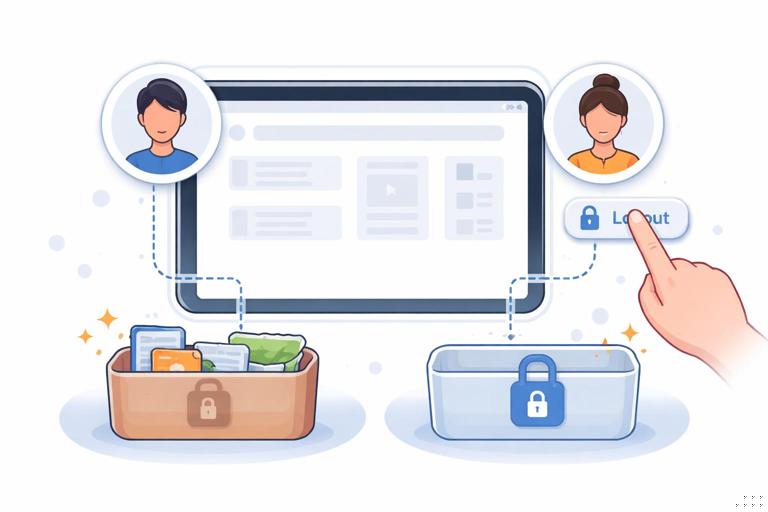 Illustration of a shared tablet with two user profiles and separate cache boxes labeled per-user, with a logout action clearing one box; privacy-focused, clean vector style, no text.