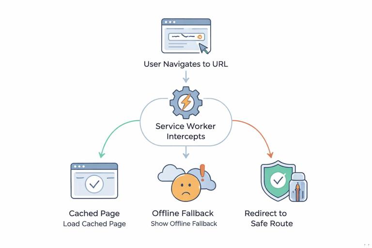 Illustration of a Progressive Web App routing decision flow during offline mode: user navigating to a URL, service worker intercepting, branching to cached page, offline fallback page, or redirect to a safe route; clean modern flat design, simple icons, muted colors, white background.