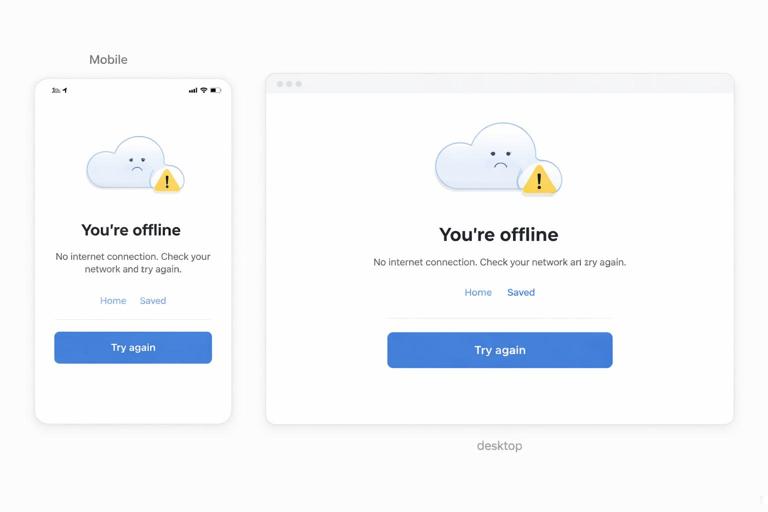 A mobile and desktop web app offline page UI mockup: centered card with headline You’re offline, short explanation text, links Home and Saved, and a Try again button; clean minimal design, system font style, light gray border, white background, modern flat illustration style.