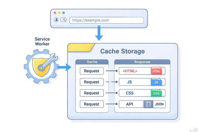 Illustration of a browser service worker caching HTTP responses: a request URL flowing into a Cache Storage box containing Request/Response pairs, with icons for HTML, JS, CSS, images, and API JSON; clean flat vector style, light background, labeled components.