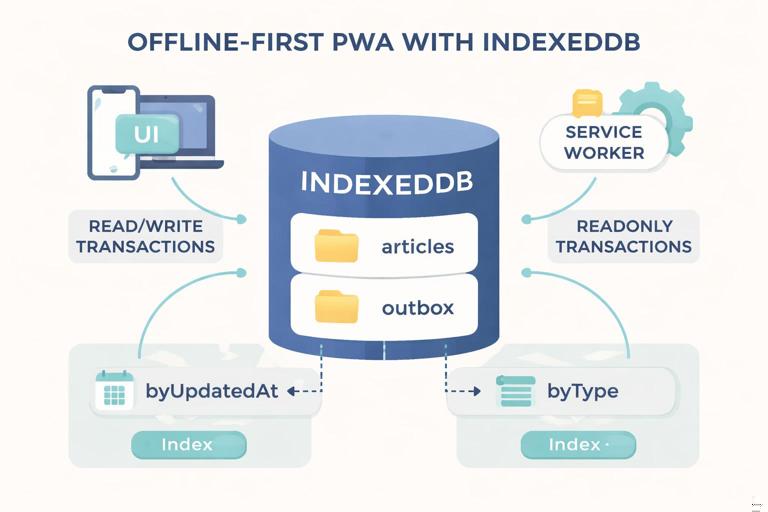 Diagram of an offline-first PWA using IndexedDB: object stores named articles and outbox, indexes byUpdatedAt and byType, transactions readwrite/readonly, and arrows from UI and service worker to IndexedDB; modern flat technical illustration, clear labels, light background.