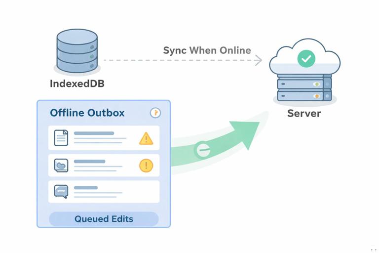 Visual concept of an offline outbox queue: user edits stored locally in an IndexedDB outbox, then later synced to a server when online; show queued items, retry arrow, and conflict warning icon; clean flat vector, labeled components, light background.