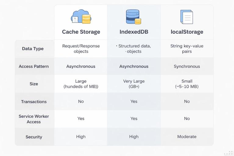Decision matrix infographic comparing Cache Storage vs IndexedDB vs localStorage with rows for data type, access pattern, size, transactions, service worker access, and security; clean table layout, minimal flat design, clear headings.