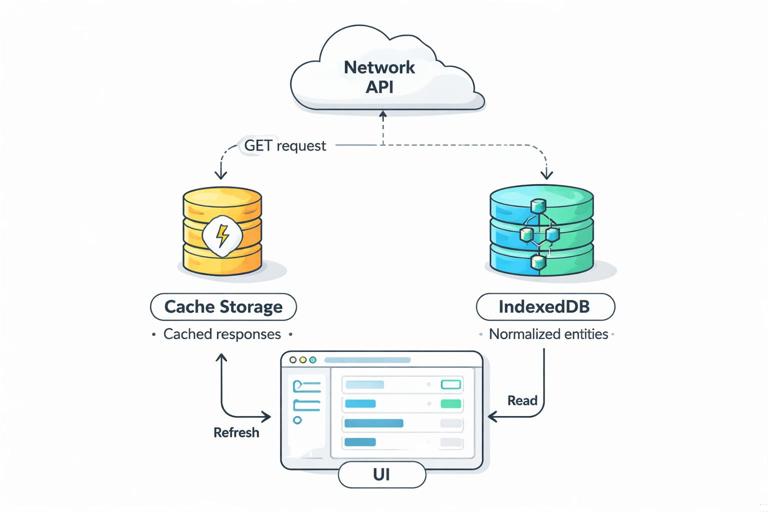 Architecture diagram showing dual storage: network API response cached in Cache Storage for GET requests, and normalized entities stored in IndexedDB for UI queries; arrows from network to cache and to IndexedDB, UI reads IndexedDB first then refreshes; clean flat technical style.