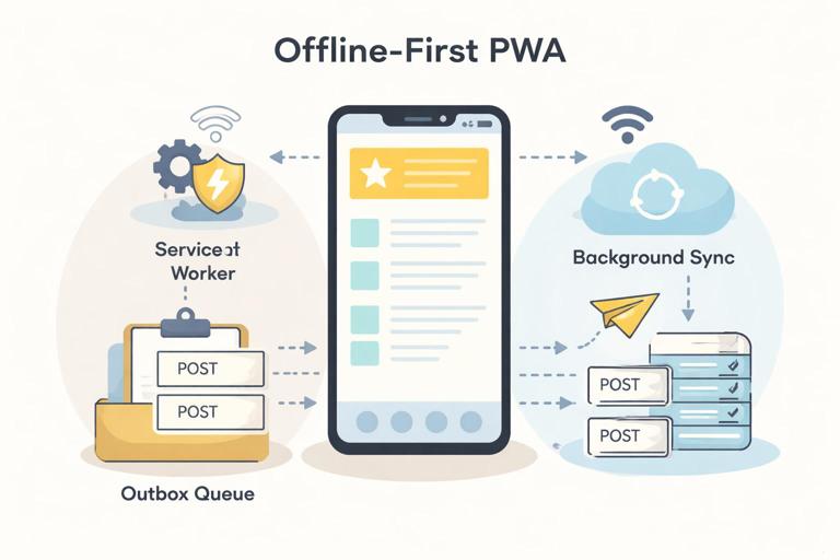 Illustration of an offline-first PWA on a phone with a service worker icon, an outbox queue storing POST requests, and a background sync process replaying requests when a Wi‑Fi signal returns; clean modern flat design, developer-friendly diagram style, muted colors.