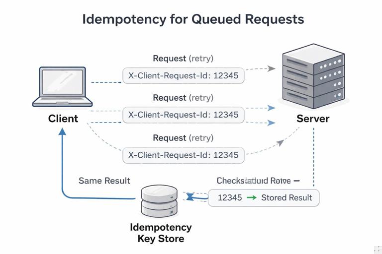 Technical diagram showing idempotency for queued requests: client generates X-Client-Request-Id, request retried multiple times, server deduplicates using an idempotency key store and returns same result; clean vector style, labeled arrows, neutral colors.