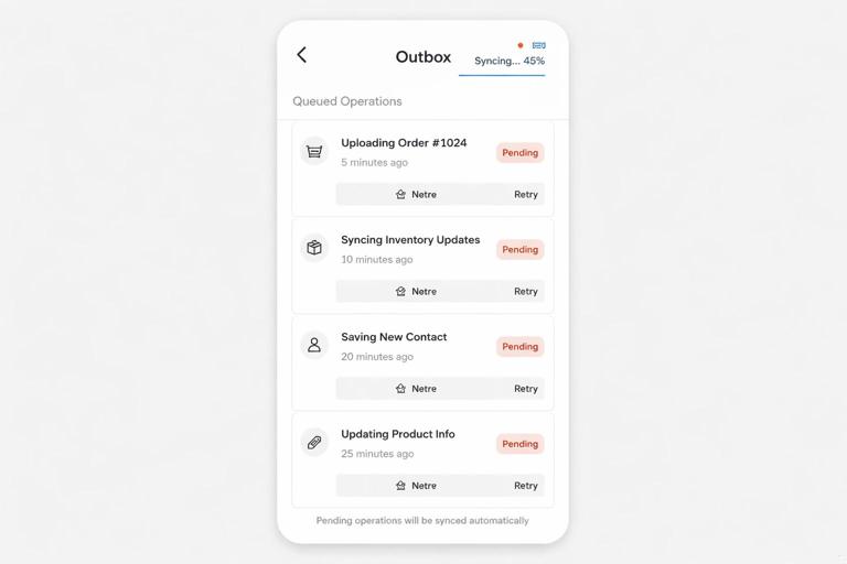 UI mockup of a mobile PWA showing an Outbox screen with queued operations, pending badges, retry buttons, and a sync progress indicator; minimal modern design, clear typography, neutral color palette.
