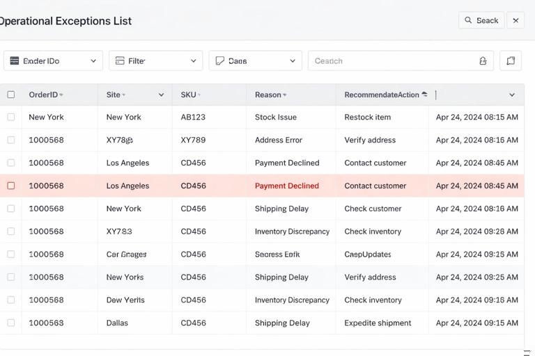 Excel-like operational exceptions list view: a table with columns OrderID, Site, SKU, Reason, RecommendedAction, LastUpdated, with filters visible and a highlighted exception row. Clean professional spreadsheet UI, legible headers, subtle conditional formatting.