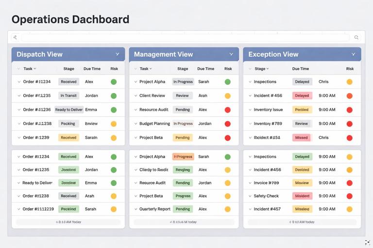 Illustration of an Excel-style operations dashboard with three panes labeled Dispatch View, Management View, and Exception View; rows of work items with stages, owners, due times, and color-coded risk (green/yellow/red); clean modern flat design, high readability, no brand logos, 16:9.