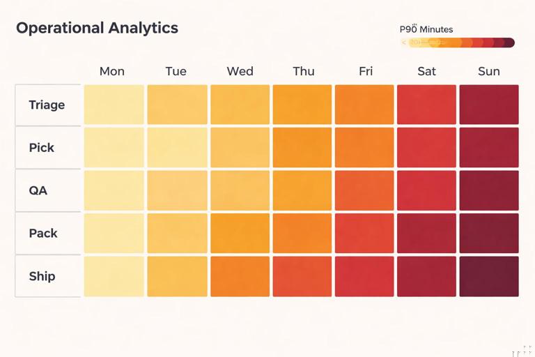 Operational analytics heatmap: rows labeled Triage, Pick, QA, Pack, Ship; columns labeled dates Mon–Sun; cells colored light to dark to show P90 minutes; simple clean dashboard style with legend and minimal text, no logos, 16:9.
