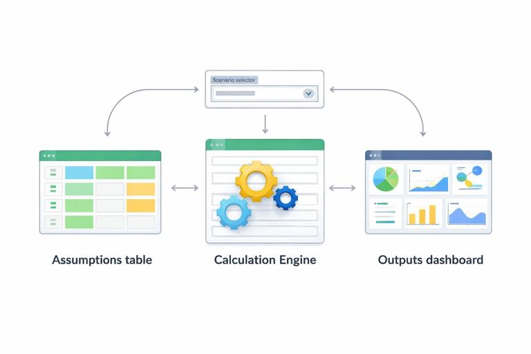 Diagram of a spreadsheet model architecture with three labeled zones: Assumptions table, Calculation Engine, and Outputs dashboard, connected by arrows and a scenario selector dropdown. Clean vector style, top-down layout, no text.