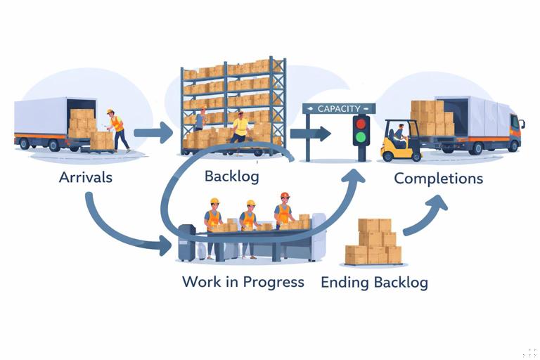 Simple operations flow illustration of backlog over weeks: arrows from Arrivals to Work in Progress/Backlog queue, then to Completions constrained by a capacity gate, producing Ending Backlog. Clean infographic style, warehouse/operations theme, no text.