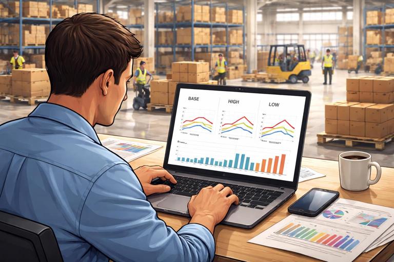 Warehouse fulfillment planning scene with an analyst viewing a laptop dashboard comparing three scenarios (base, high, low) using colored lines for demand and staffing and a backlog bar chart. Modern realistic illustration, no readable text.