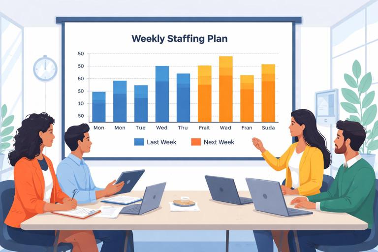 Scene of an operations team reviewing a weekly staffing plan with a chart showing day-of-week seasonal naive forecast: Monday through Sunday bars, last week vs next week highlighted; office setting, clear labels, modern flat illustration, 16:9.