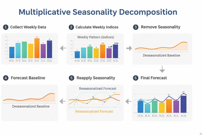 Infographic-style illustration of multiplicative seasonality decomposition for operations: a weekly pattern (Mon-Sun) shown as indices, a deseasonalized baseline line, and the reseasonalized forecast; include labeled steps 1 through 6; clean vector style, white background, 16:9.