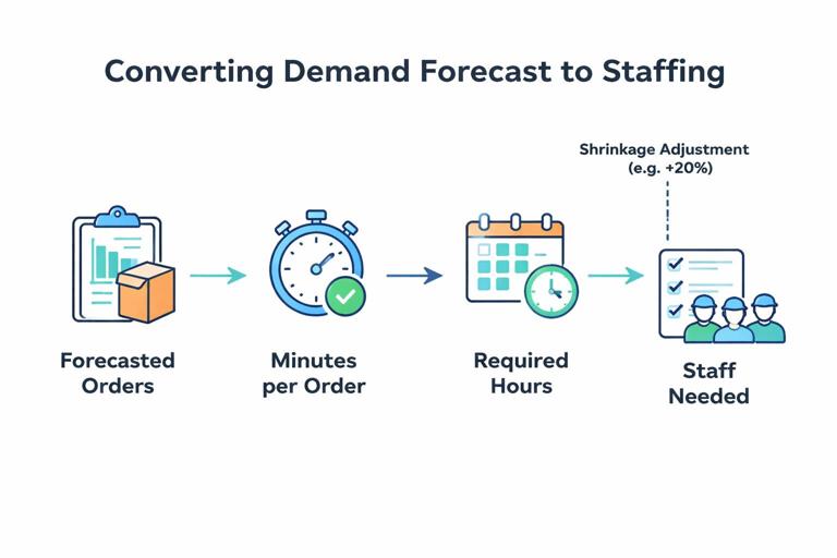 Illustration of converting demand forecast to staffing: a flow diagram from forecasted orders to minutes per order to required hours, including shrinkage adjustment; include simple icons for warehouse orders, stopwatch, and staff schedule; clean vector, professional operations theme, 16:9.