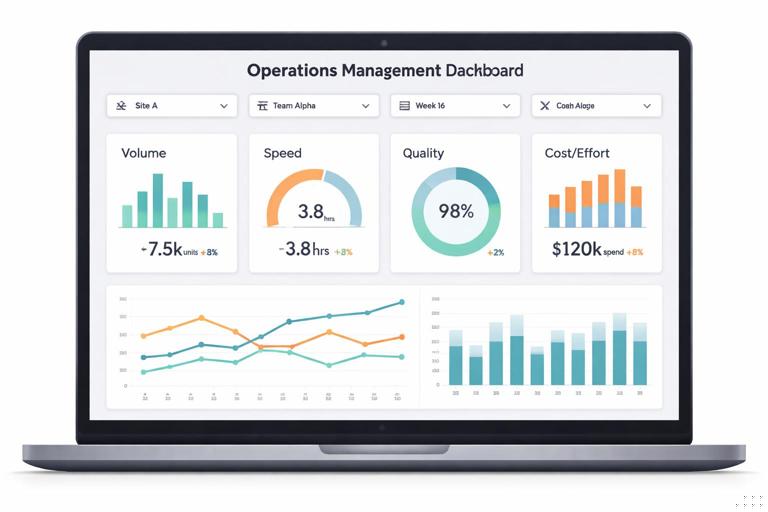 Illustration of an operations management dashboard interface on a laptop screen with four labeled KPI areas (Volume, Speed, Quality, Cost/Effort), slicers for Site, Team, Week, and clean minimalist corporate style, flat design, muted colors, high readability
