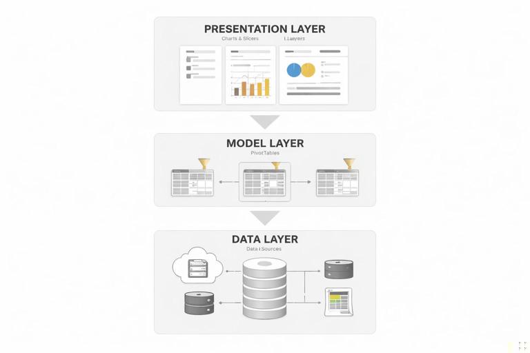 Diagram showing three-layer dashboard architecture: Data layer, Model layer with multiple PivotTables, and Presentation layer with charts and slicers, clean infographic style, simple icons, neutral color palette, white background, professional business look