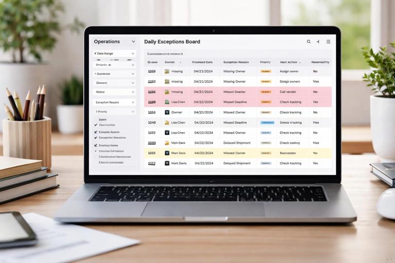A clean, modern operations spreadsheet interface on a laptop screen showing a Daily Exceptions Board: a table of rows with columns like ID, Owner, Promised Date, Exception Reason, Priority, Next Action, Reviewed Today; several rows highlighted in red/yellow for late and missing owner; a side filter panel; office desk setting, neutral lighting, high detail, realistic, no brand logos.