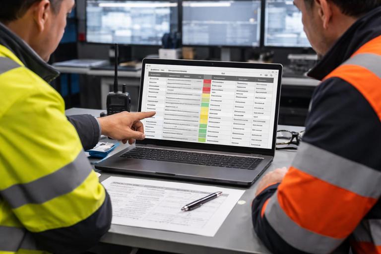 A shift handover meeting scene in an operations control room: a printed handover log and a laptop showing a structured spreadsheet with categories (Safety, Quality, Staffing, Equipment, Supplier, Customer, System/IT), severity levels, owners, due times; two workers pointing at the screen; realistic, documentary style, no readable brand names.