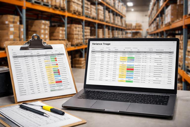 Warehouse inventory cycle count scene with a clipboard and a laptop showing a variance triage spreadsheet: columns for Item, Location, Book Qty, Counted Qty, Variance, Variance Band, Likely Cause, Owner, Disposition, Aging; warehouse shelves in background, realistic lighting, no clear logos or readable product labels.