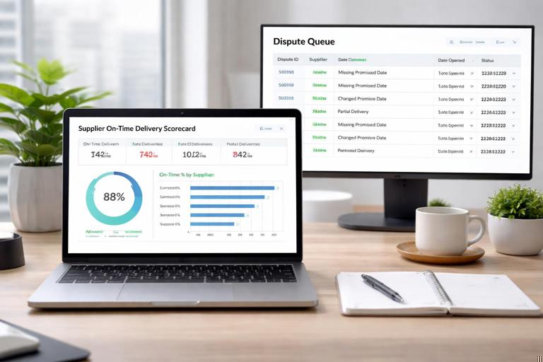 A procurement analytics workspace with a laptop showing a supplier on-time delivery scorecard dashboard and a separate Dispute Queue table: charts for on-time percentage by supplier, and a queue with dispute reasons like missing promised date, changed promise date, partial delivery; clean corporate style, realistic, no readable company names or logos.