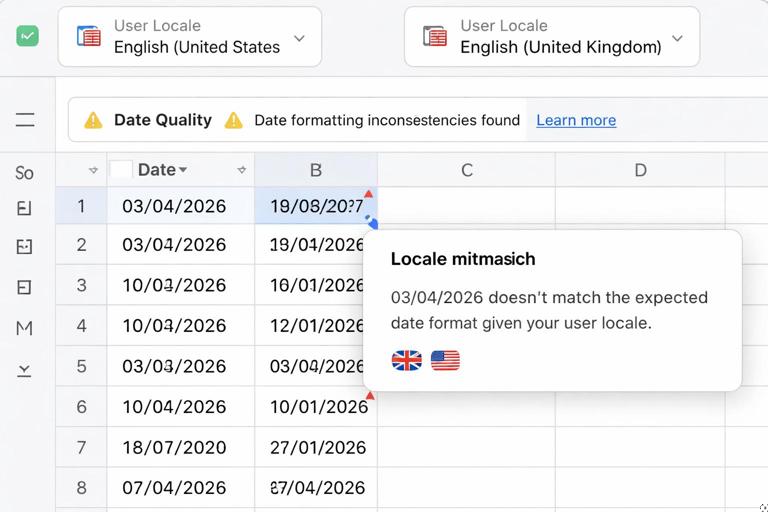 A close-up of a spreadsheet showing a date column with conflicting formats like 03/04/2026 and 10/01/2026, a warning indicator for Date Quality, and a small tooltip about locale mismatch; split-screen feel with two user locale settings; realistic UI, clean design, no brand names.