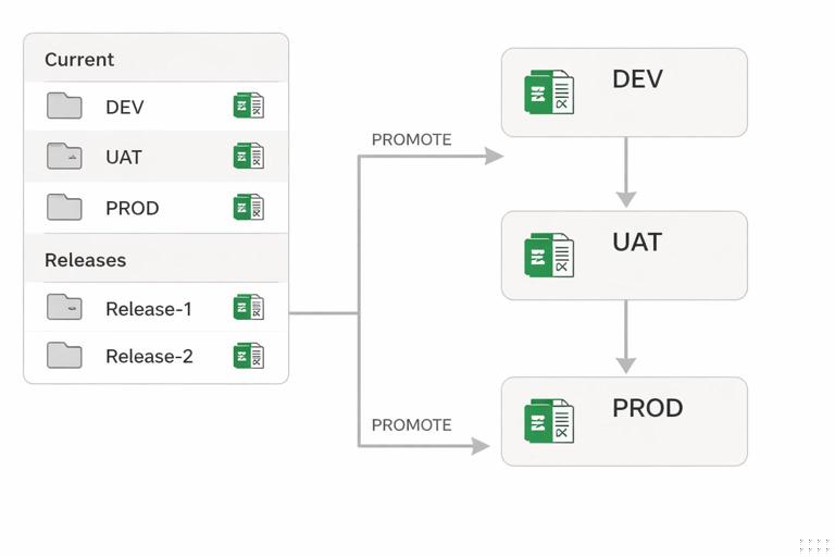 A clear workflow diagram showing DEV → UAT → PROD promotion for an Excel-based operations tool, with a folder structure panel (Current and Releases) and arrows indicating promotion steps. Minimalist vector style, crisp labels, neutral colors, no brand logos.