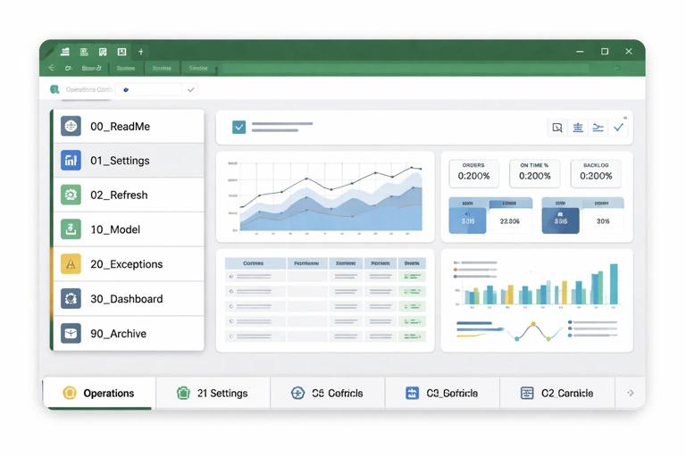 Illustration of an Excel workbook architecture for an operations control center: a clean navigation panel with sheet tabs labeled 00_ReadMe, 01_Settings, 02_Refresh, 10_Model, 20_Exceptions, 30_Dashboard, 90_Archive; modern flat design, clear hierarchy, business dashboard aesthetic, neutral colors, high readability.