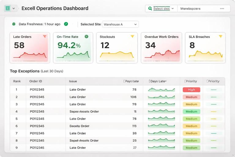 Illustration of an Excel operations dashboard control panel: top row shows data freshness and selected site, KPI tiles for Late Orders, On-Time Rate, Stockouts, Overdue Work Orders, SLA Breaches; small trend charts for last 30 days; a top-10 exceptions table; clean modern spreadsheet UI, professional corporate style, neutral palette with red/amber/green status accents.