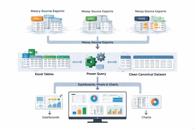 Illustration of an operations analytics workflow: multiple messy source exports (ERP, WMS, ticketing) feeding into Excel Tables, then Power Query transforming into one clean canonical dataset, which powers dashboards, pivots, and charts; clean modern flat design, clear labeled arrows, professional business style