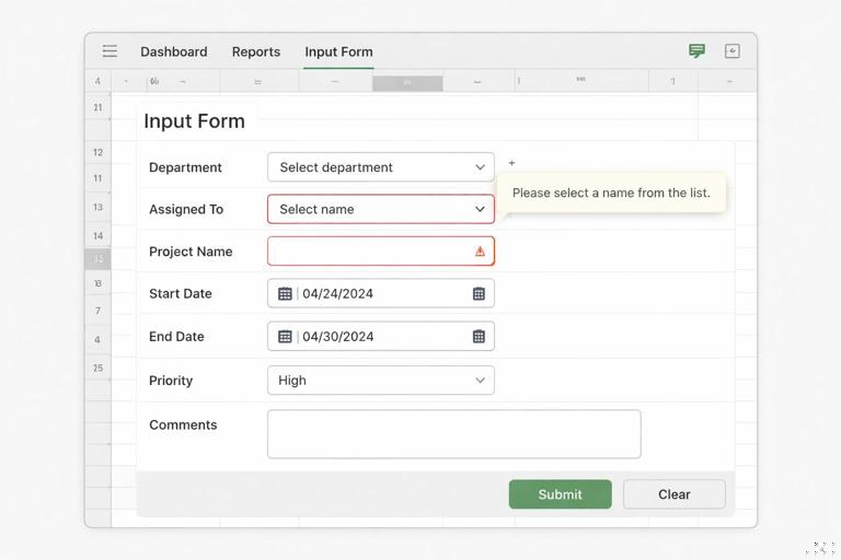 Illustration of an Excel operations workbook showing a clean standardized input form with dropdown lists, date picker constraints, input message tooltip, and conditional formatting flags for missing fields; modern flat UI, neutral colors, high clarity, no brand logos.