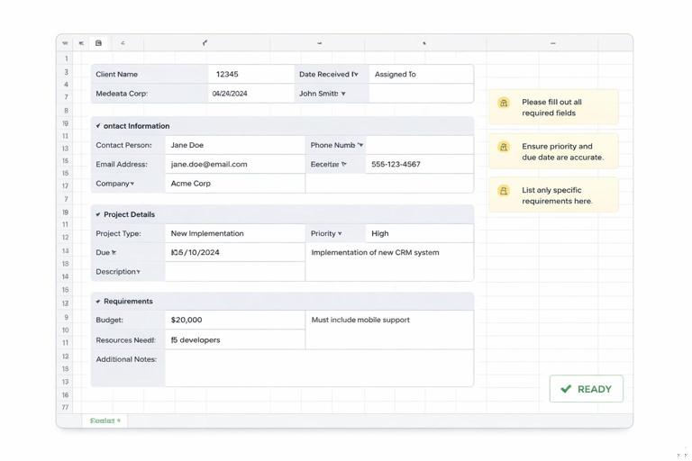 Diagram-style illustration of an Excel sheet with a standardized intake form: header metadata section, grouped field blocks, help text notes, and a Ready indicator; clean layout, subtle gridlines, professional operations theme, no logos.