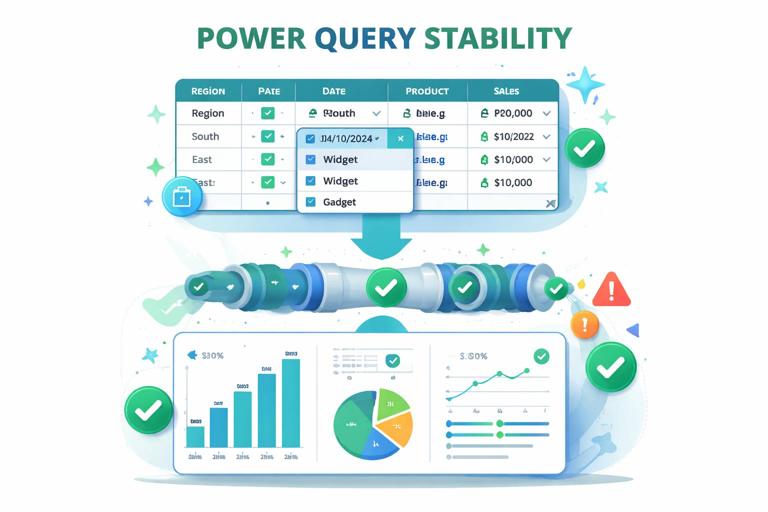 Visual concept of Power Query stability: an Excel table with standardized dropdown categories and clean data types flowing into a Power Query pipeline and dashboard, showing reduced errors; crisp infographic style, modern, no brand logos.