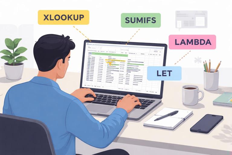 An operations analyst reviewing an Excel workbook on a laptop, with visible table-style spreadsheets and highlighted formula elements labeled XLOOKUP, SUMIFS, LET, and LAMBDA on sticky-note style callouts; clean office desk, neutral lighting, modern flat illustration style, no brand logos, no readable private data.